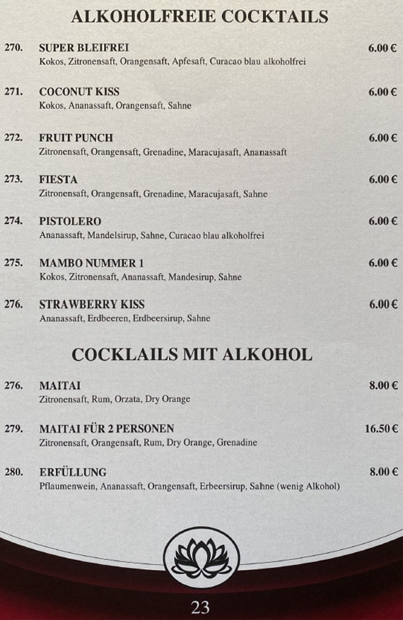 Mai Tai Speisekarte
