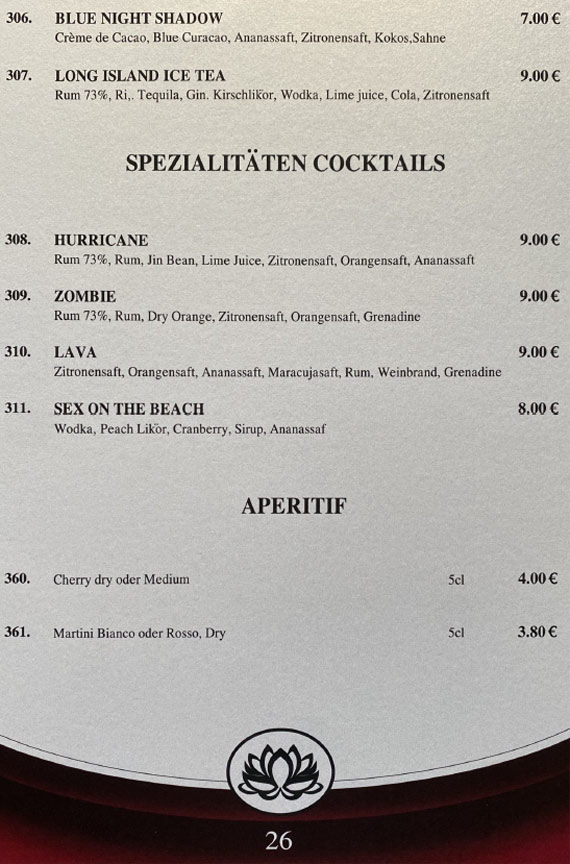 Mai Tai Speisekarte