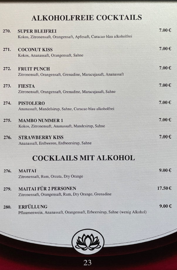 Mai Tai Speisekarte